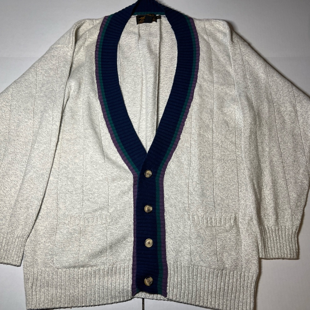 Vintage 90’s Eddie Bauer 4 Button Cardigan Chucky Knit 💜💚 Blue White Sz L Tall